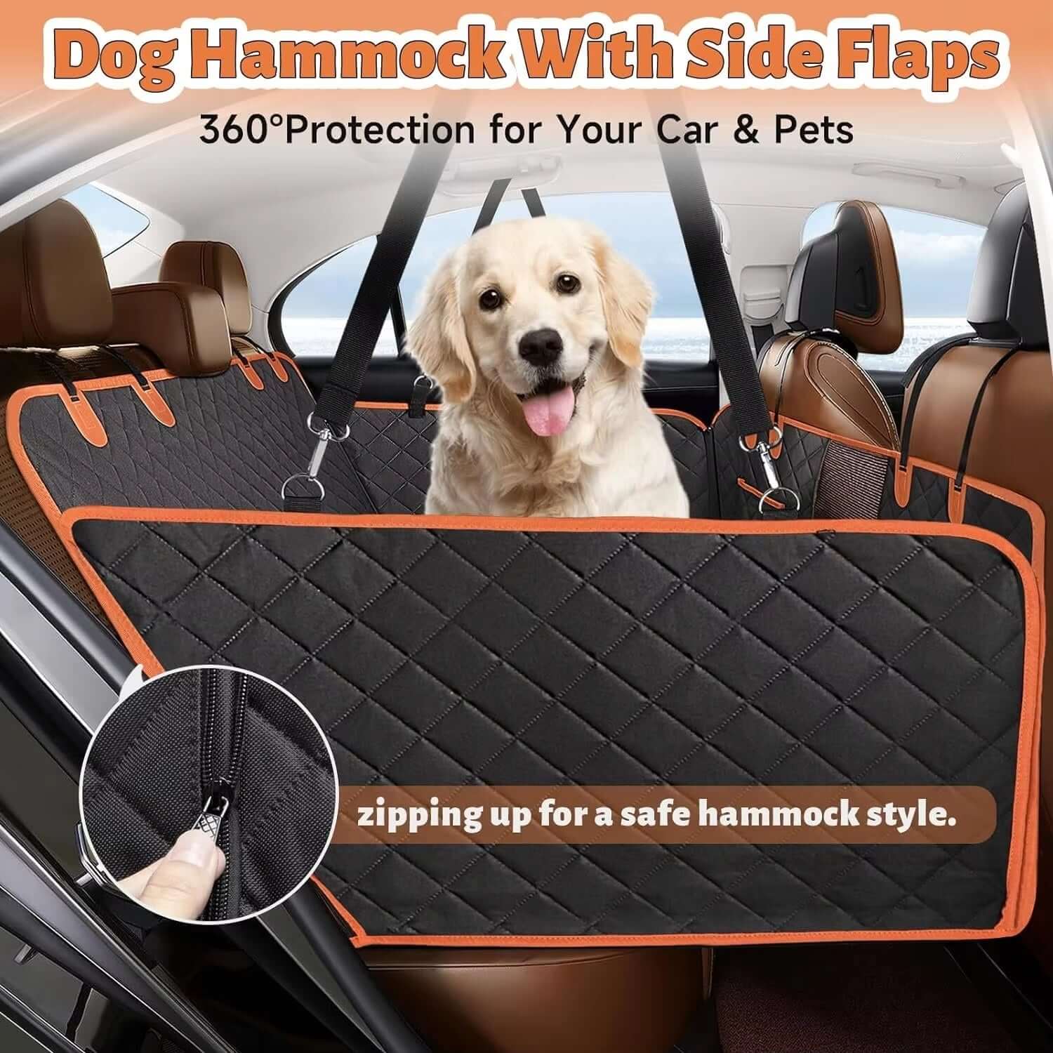 Dog hammock with side flaps for car, providing 360° protection for pets and featuring a secure zipper for hammock setup. RuffRover 2.0. Auto paws