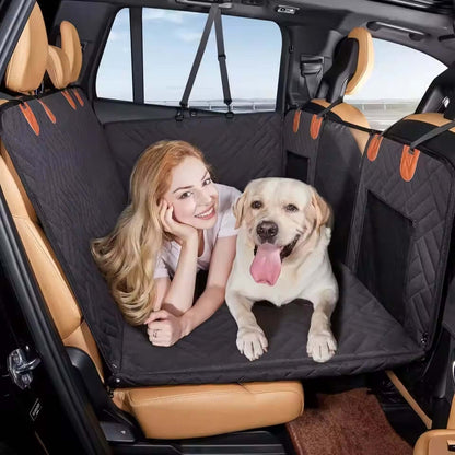 Woman and dog resting on a RuffLiner 2025 hard bottom car seat protector, showcasing comfort and style. RuffRover 2.0. Auto paws