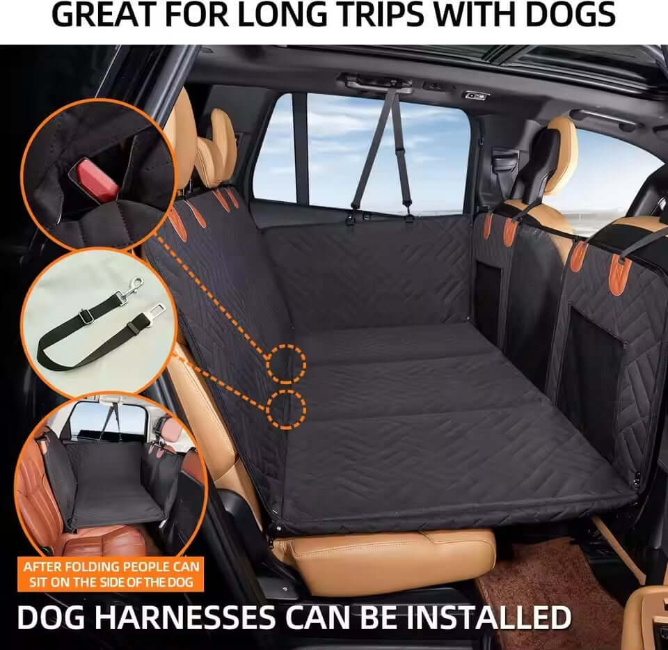 Hard bottom dog car seat protector for long trips, showing harness installation and foldable design for comfort. RuffRover 2.0. Auto paws